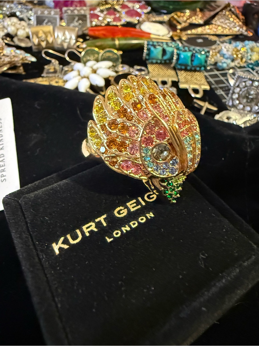 New Kurt Geiger Multicolor Crystal Feather Ring Gold Tone